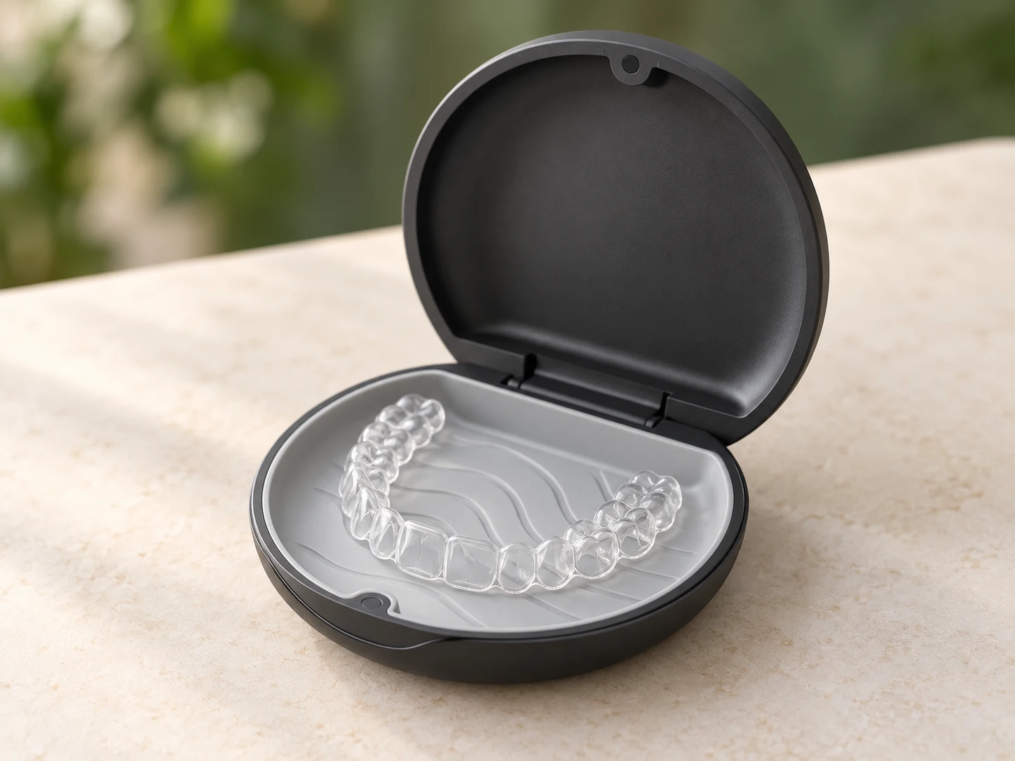 Clear aligner resting in an open charcoal case