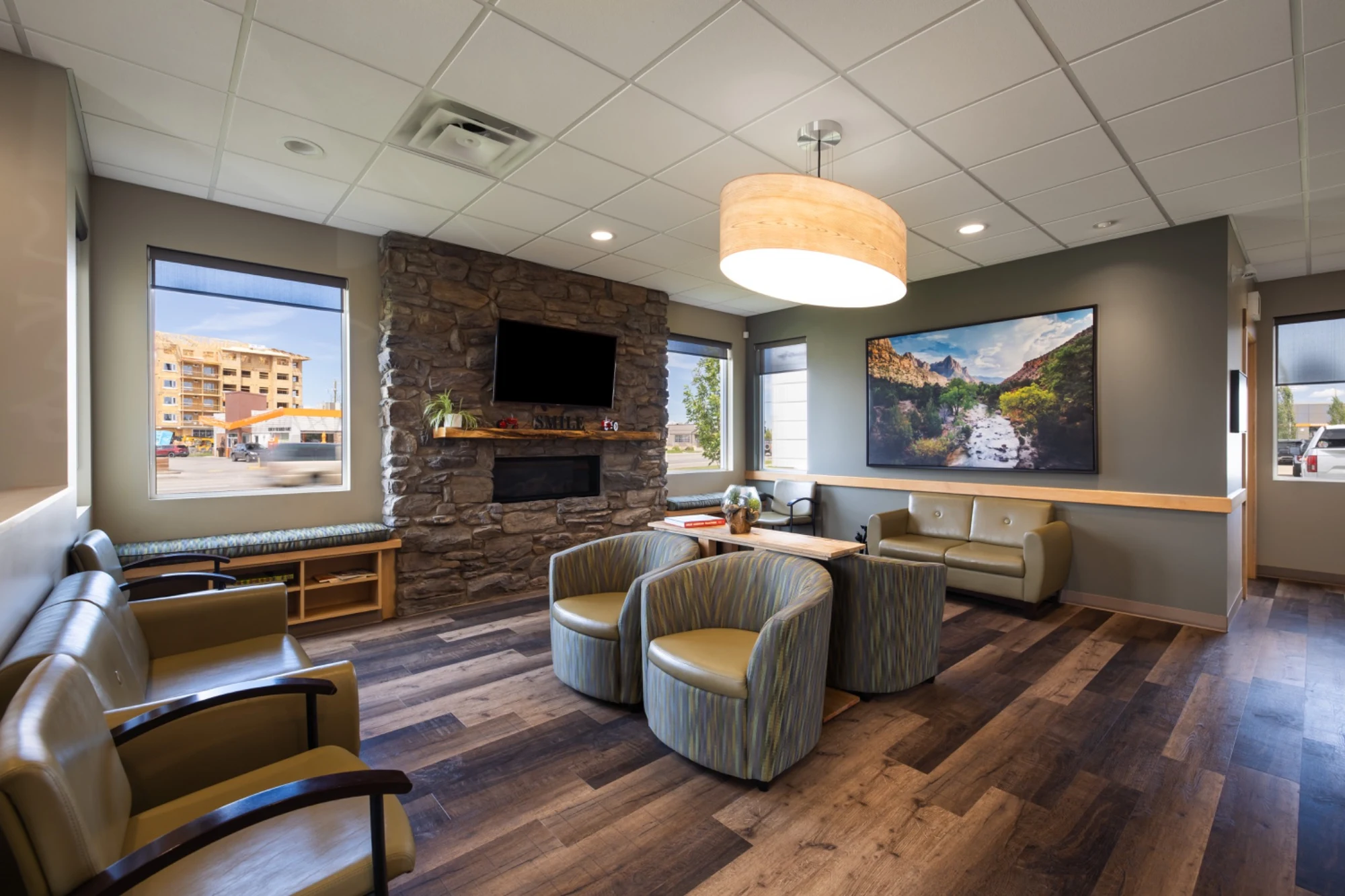Our welcoming lounge with a stone fireplace