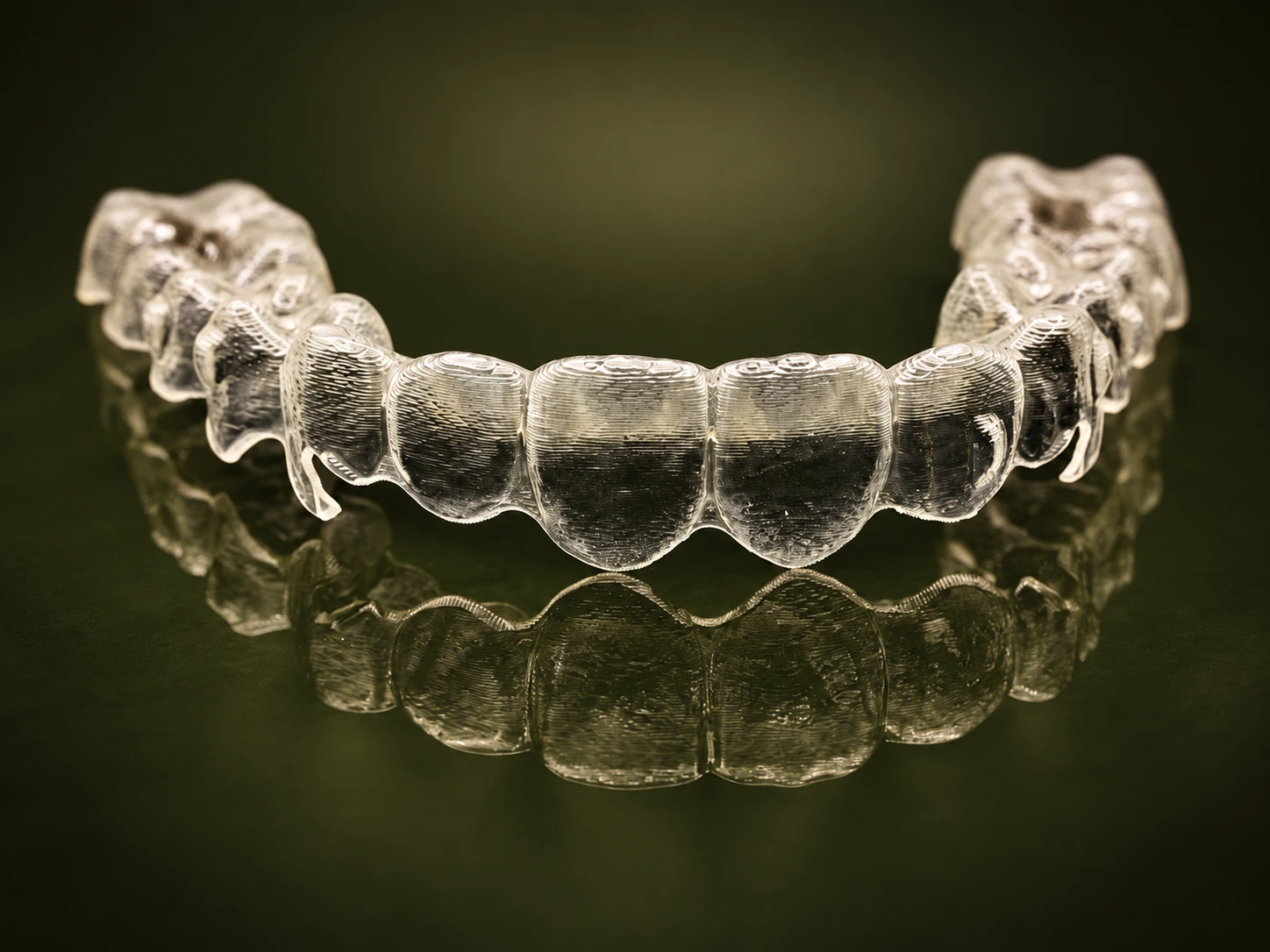 Clear orthodontic aligner on a deep olive background